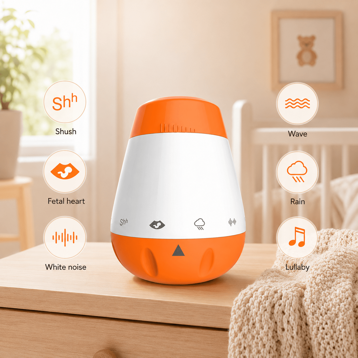 Baby white noise machine with 6 sound modes: shush, fetal heart, white noise, wave, rain, lullaby